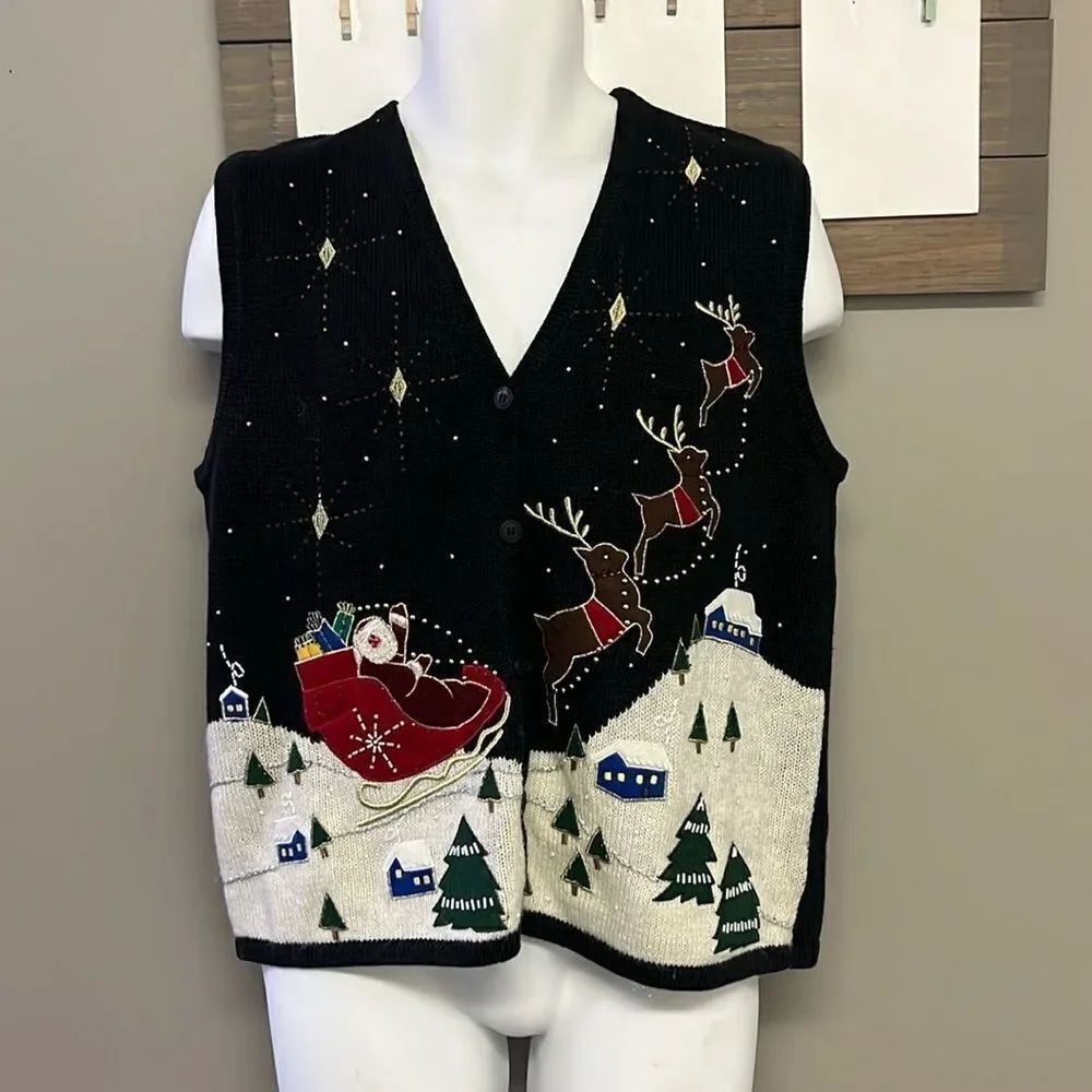Bobbie Brooks Women’s V-neck Christmas Beading Embroidery Sleeveless Vest-L
